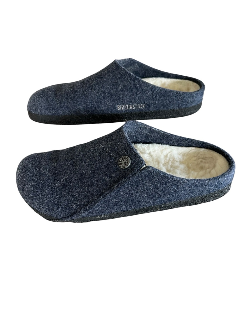 Birkenstock Zermatt Navy Blue Wool Shearling Slip On Slippers Clogs Size 38 7.5